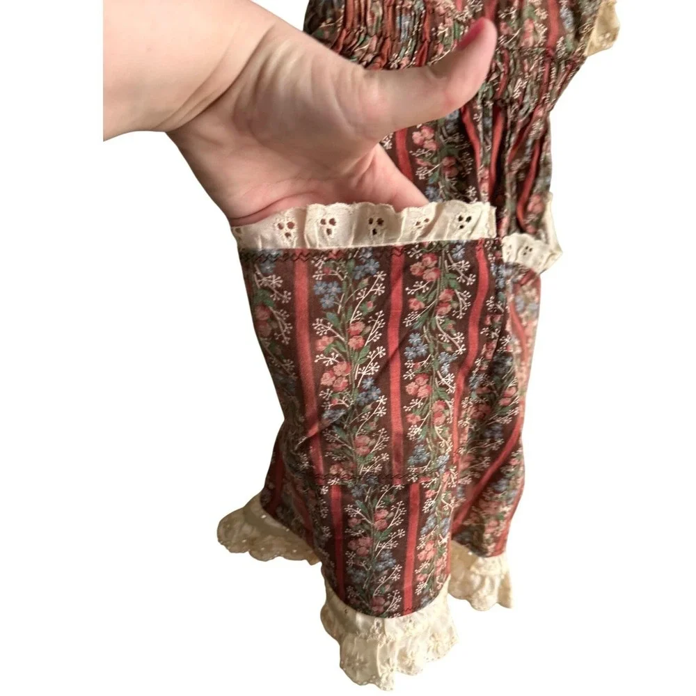 Antique Victorian Child Pinafore Apron – Floral Stripe Eyelet Lace Cottagecore